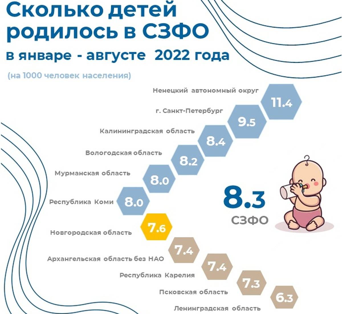 Новгородская область находится на седьмом месте в СЗФО по числу новорожденных на 1000 человек населения.