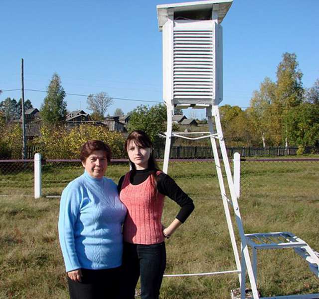 Сотрудники станции (Елена Герасимова слева) на метеорологической площадке.