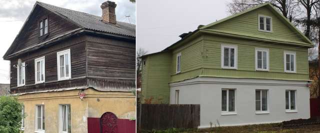 Дом № 7 по улице 9 Января в Боровичах до и после покраски.
