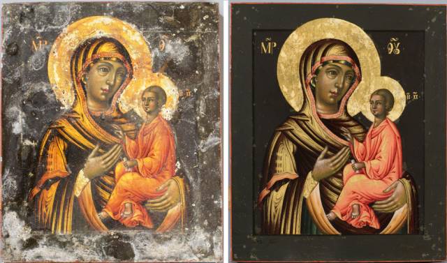 Икона «Богоматерь Тихвинская» без оклада — до реставрации и после неё.