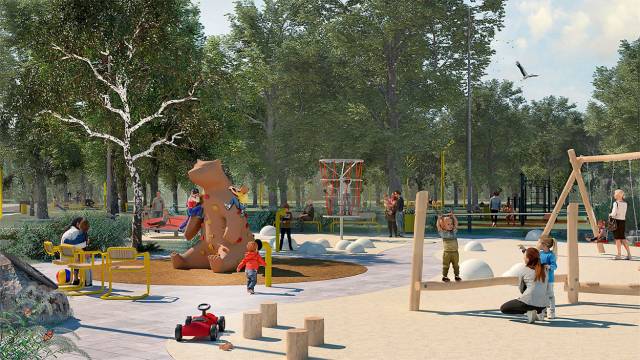 На скульптуре медведя в Ильинском парке дети смогут попробовать себя в качестве скалолазов. Визуализация Центра развития городской среды Новгородской области