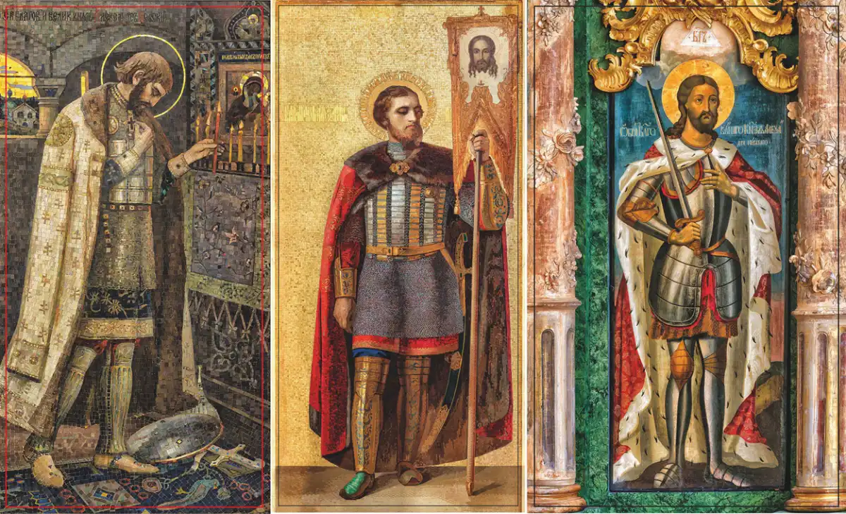 Слева направо: Святой Александр Невский. 1. Мозаика северного киота храма-памятника Воскресения Христова. По эскизу М.В. Нестерова. 2. Мозаичная икона главного иконостаса Исаакиевского собора. По оригиналу Т.А. Неффа. 1852—1855. 3. Икона главного иконостаса
