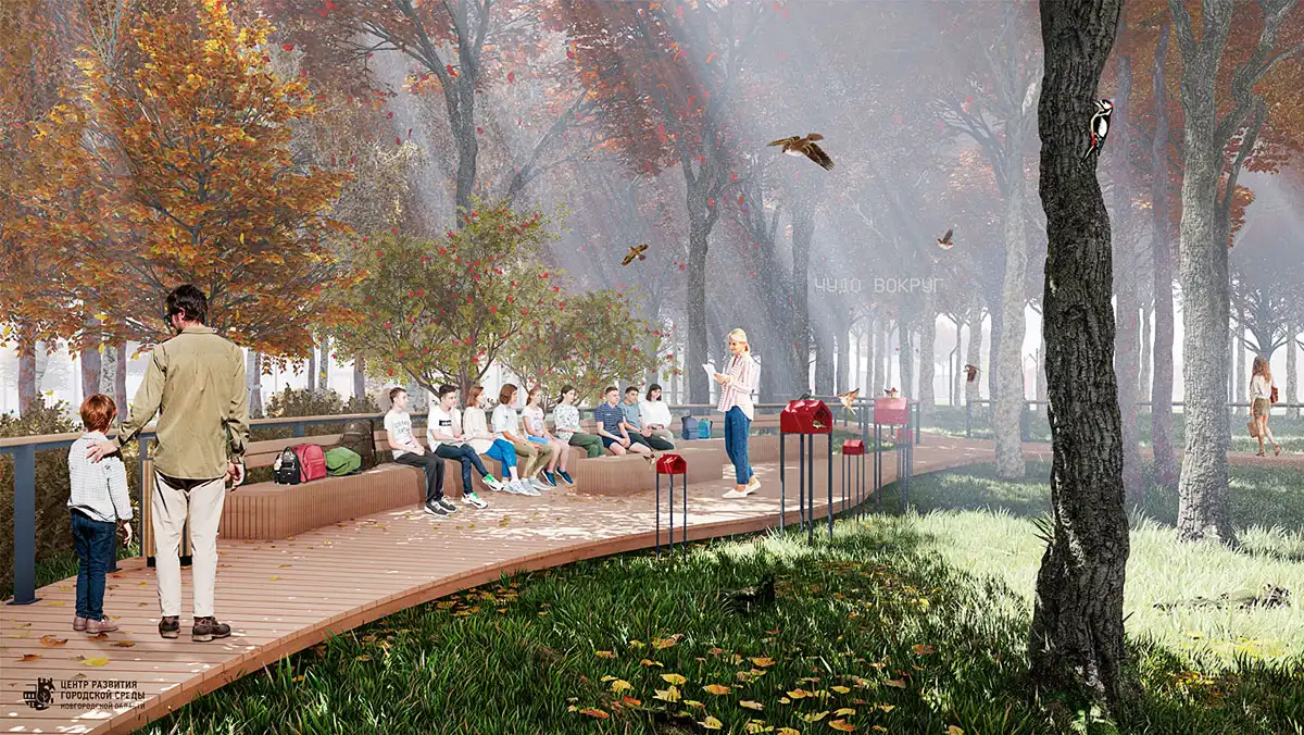 Одной из новинок в парке 1 Мая станет экотропа с деревянным настилом. Визуализация ЦРГСНО