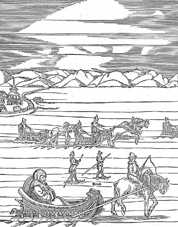 Езда на санях и лыжах по России. Из немецкого издания «Московии» Герберштейна, 1557 г.