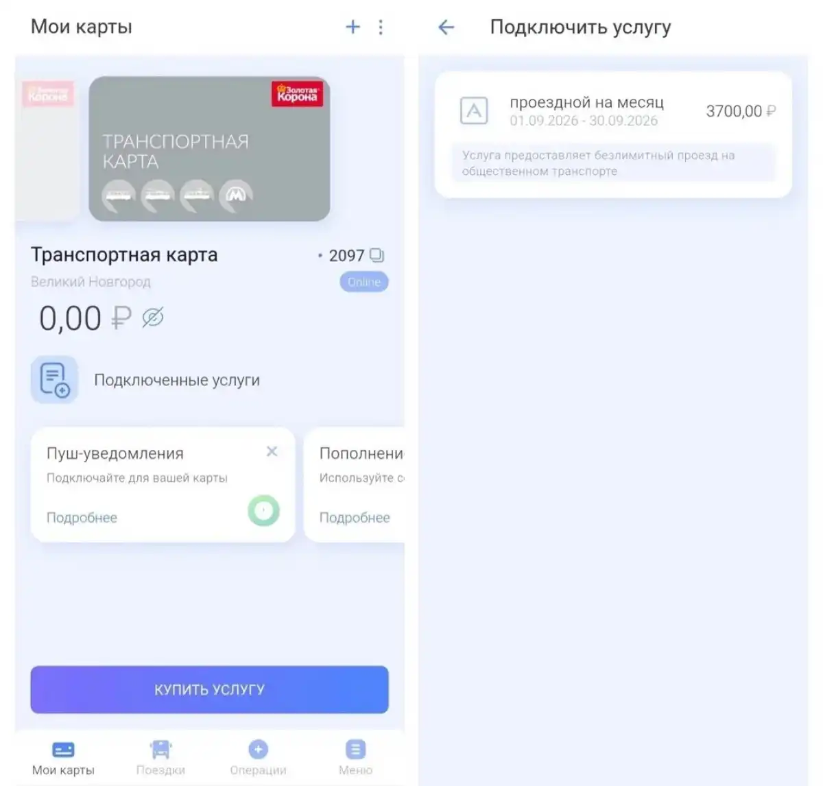 Нужно добавить проездной в личном кабинете приложения, выбрать регион и купить услугу.