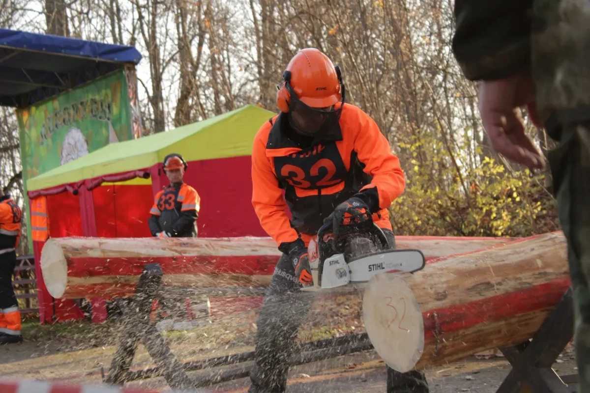 Участники соревнований собирали и разбирали бензомоторные пилы на уровне замены цепи и делали качественный рез бревна.