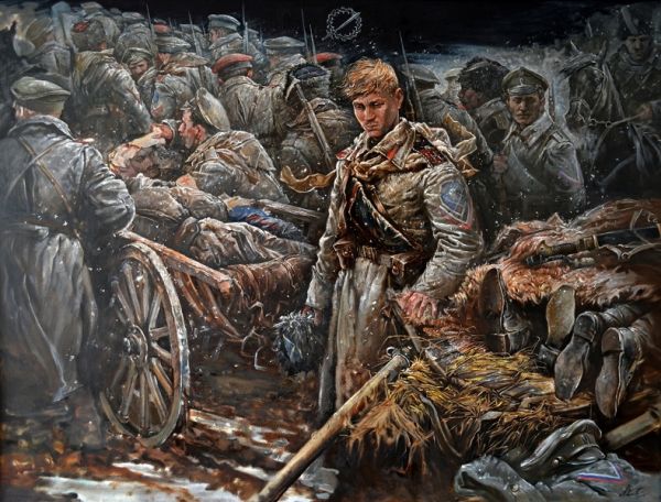 На выставке в музее-заповедникепредставлено более 40 работ петербуржского художника Андрея Ромасюкова, посвященных теме Первой мировой войны, революции и гражданского противостояния.