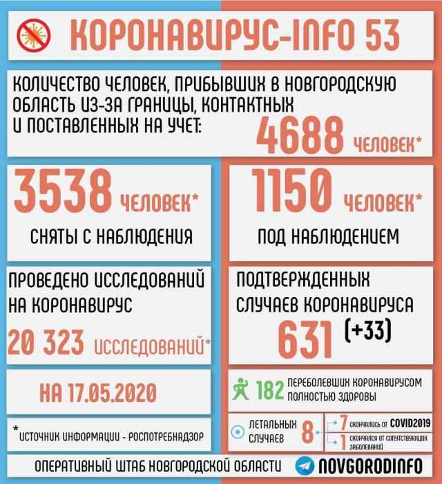 За последние сутки в Новгородской области выявили 33 новых случаев заражения коронавирусом