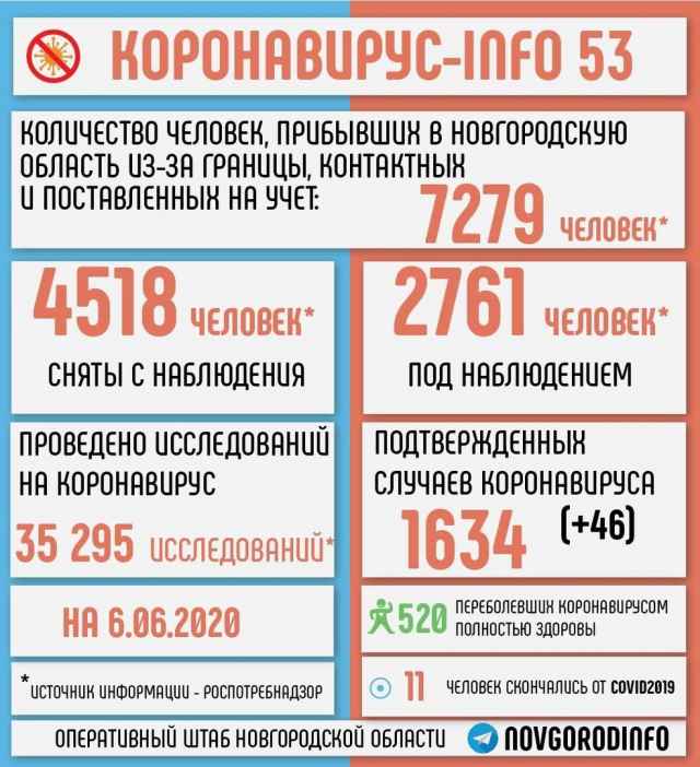 За последние сутки в Новгородской области зафиксировали еще 46 случая заражения коронавирусом.
