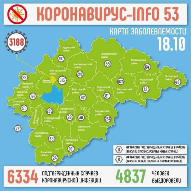 За прошедшие сутки самое большое количество заражённых коронавирусом в Великом Новгороде