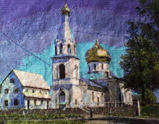 Вышитый Владимиром Николаевичем Шустровым пейзаж с церковью села Мошенское.