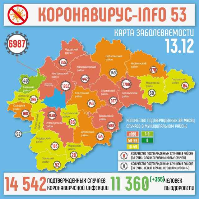 Всего, на утро 13 декабря, в Новгородской области зафиксировано 209 новых случаев Covid-19.