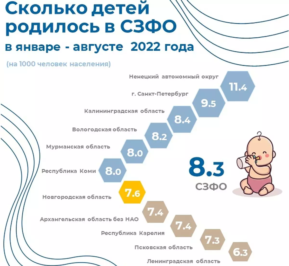 Новгородская область находится на седьмом месте в СЗФО по числу новорожденных на 1000 человек населения.