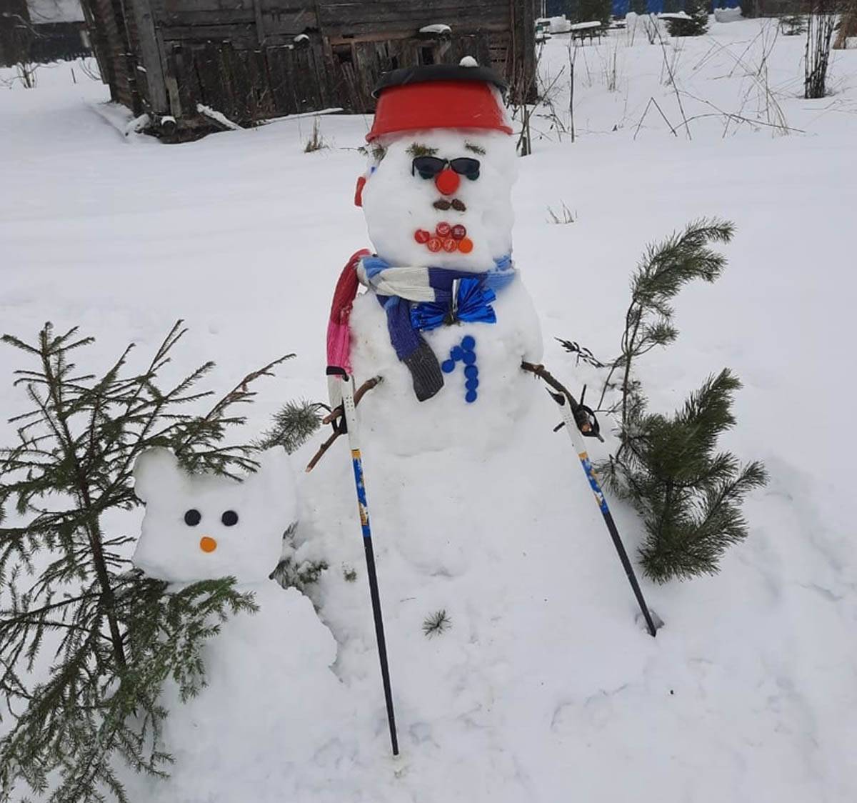 Красавцев-снеговиков слепили в Волотовском округе.