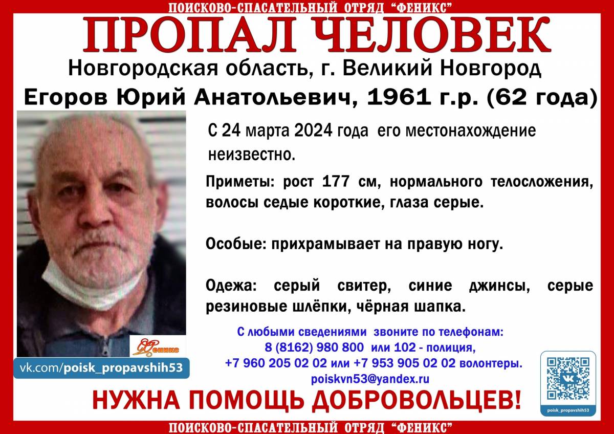 В Новгородской области идут поиски 62-летнего мужчины