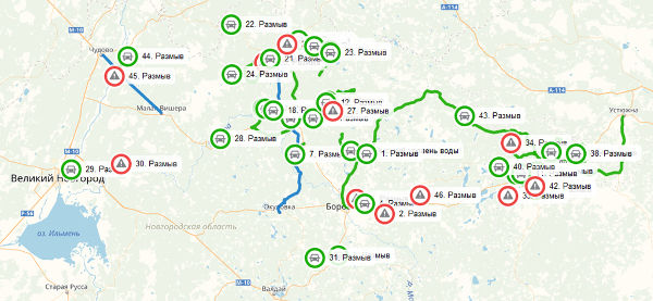 Такова была ситуация по дорогам области на вечер 23 апреля (интерактивная карта ГОКУ «Новгородавтодор»)